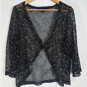 y2k Sheer Open Knit Cardigan Big Button S M Layering Beach Vacation Dark Cottage